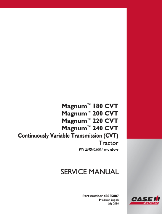 Service repair manual cover for Case IH Magnum 220 CVT Tractor, featuring technical diagrams and maintenance guidelines