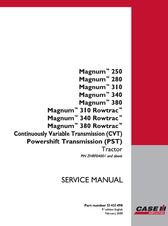 Case Magnum 280 CVT tractor service repair manual, detailing repair procedures and specifications for maintenance