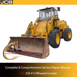 Service repair manual cover for JCB 412 Wheel Loader, featuring technical illustrations and detailed maintenance instructions