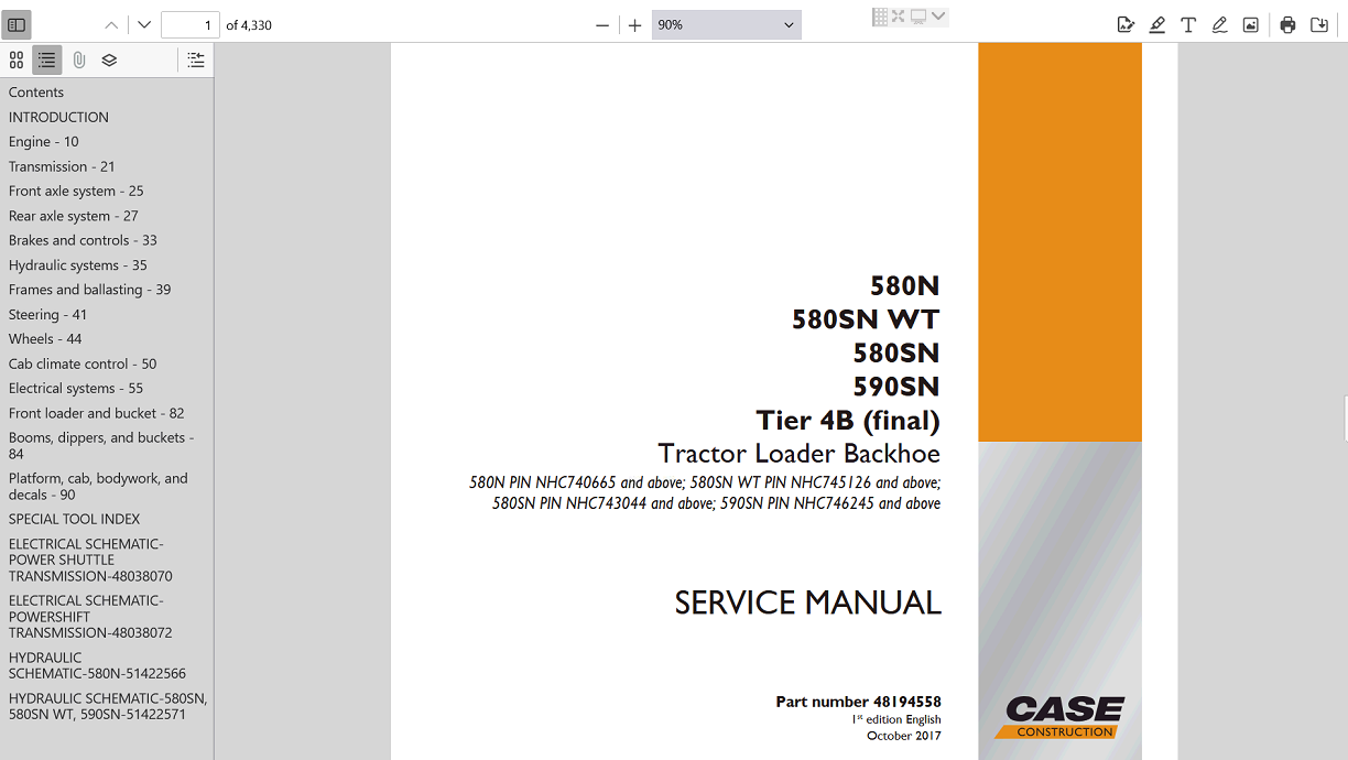Service repair manual for Case 590SN Backhoe Loader, detailing repair techniques and maintenance