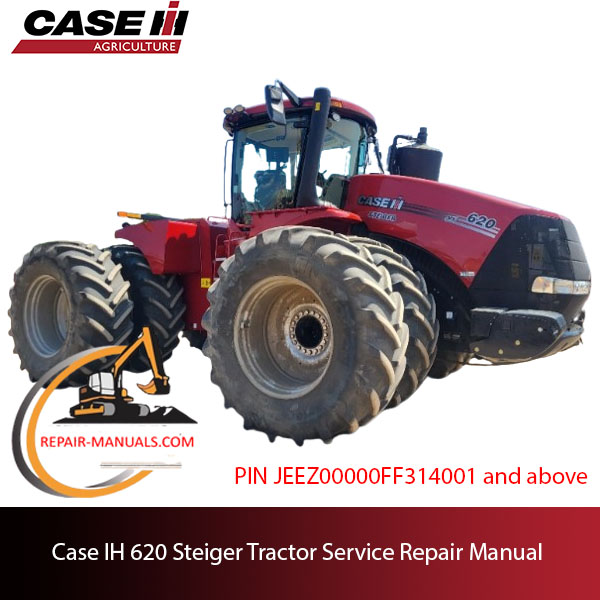 Service repair manual cover for Case IH 620 Steiger Tractor, featuring technical diagrams and maintenance instructions