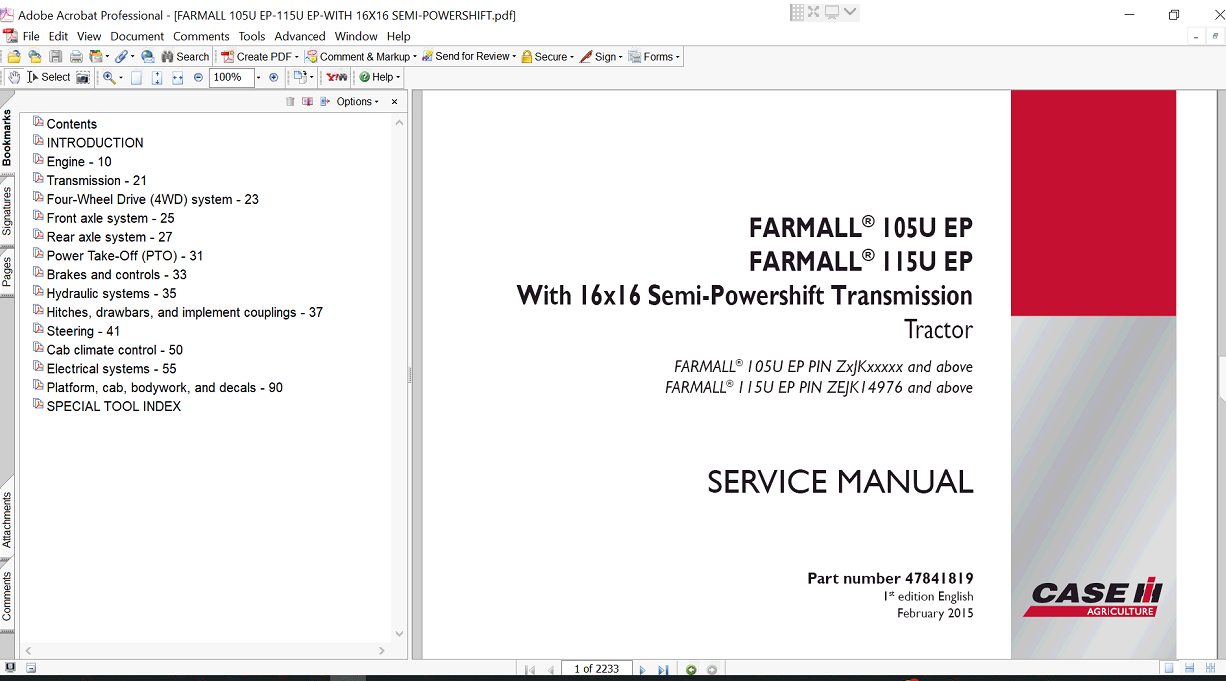 Case Farmall 105U EP Tractor service repair manual, providing comprehensive repair instructions and technical support details