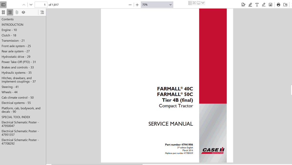 Service repair manual cover for Case Farmall 40C Compact Tractor, featuring technical illustrations and detailed instructions