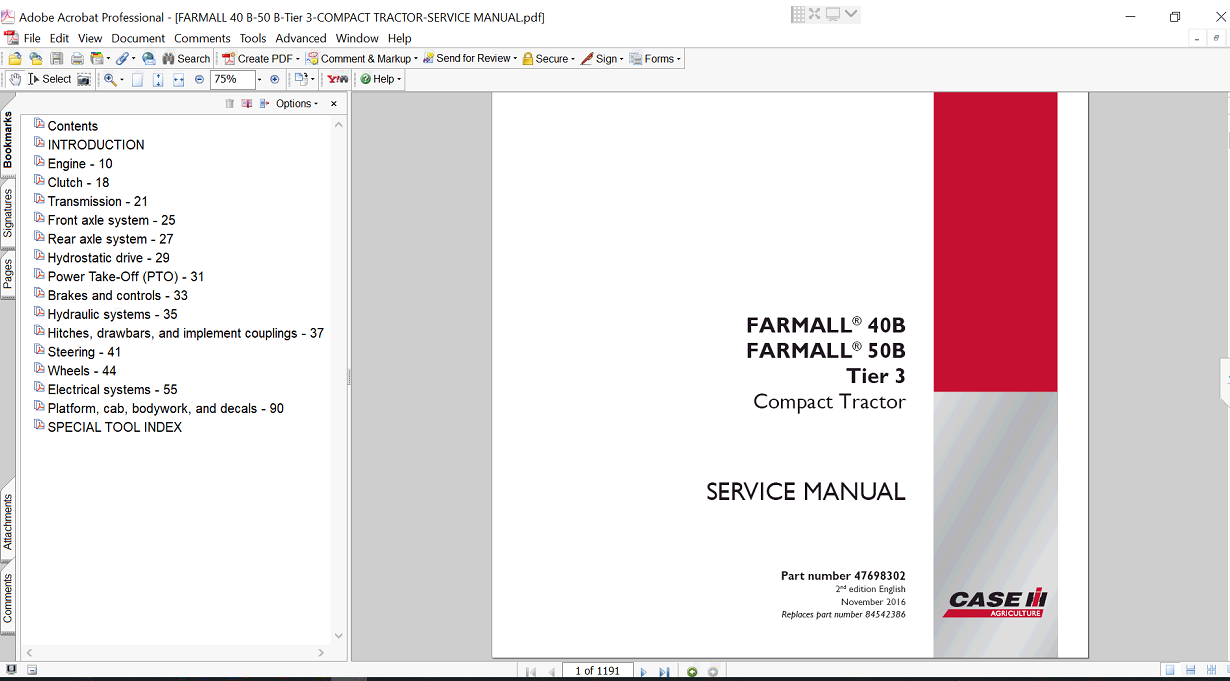 Service repair manual cover for Case Farmall 50B Compact Tractor, featuring technical diagrams and maintenance instructions