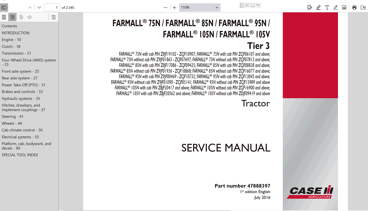 Service manual for Case Farmall 75N Tractor, providing comprehensive repair information and illustrated guides
