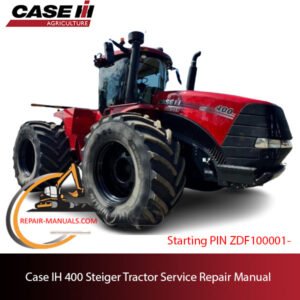 Service repair manual cover for Case IH 400 Steiger Tractor, featuring technical diagrams and maintenance instructions
