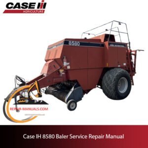 Service repair manual cover for Case IH 8580 Baler, featuring technical illustrations and detailed maintenance instructions