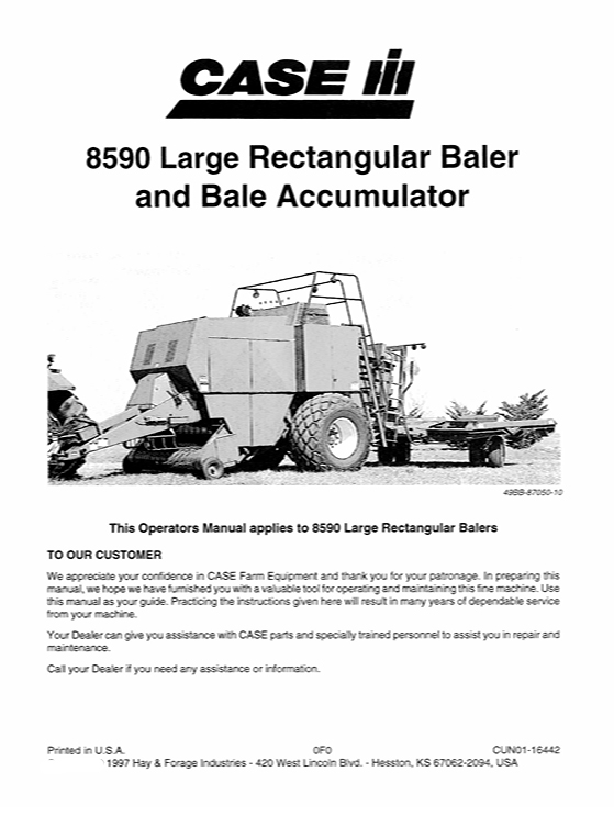 Case IH 8590 Baler Operator's Manual, providing essential guidelines for operation, maintenance, and safety procedures