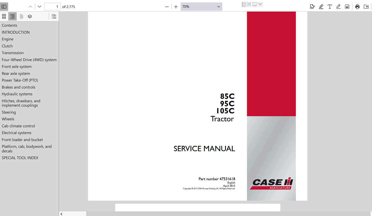 Service repair manual cover for Case 95C Tractor, featuring the tractor model and technical illustrations