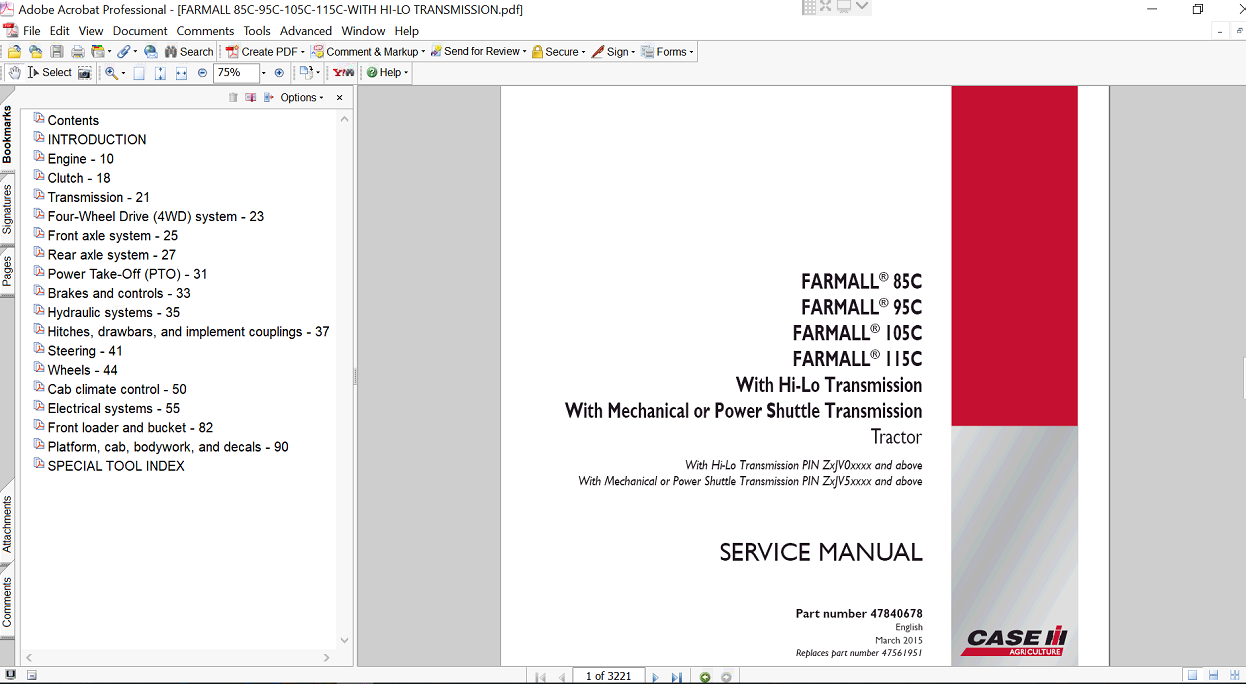 Service manual for Case IH Farmall 105C tractor, including comprehensive repair instructions and maintenance information
