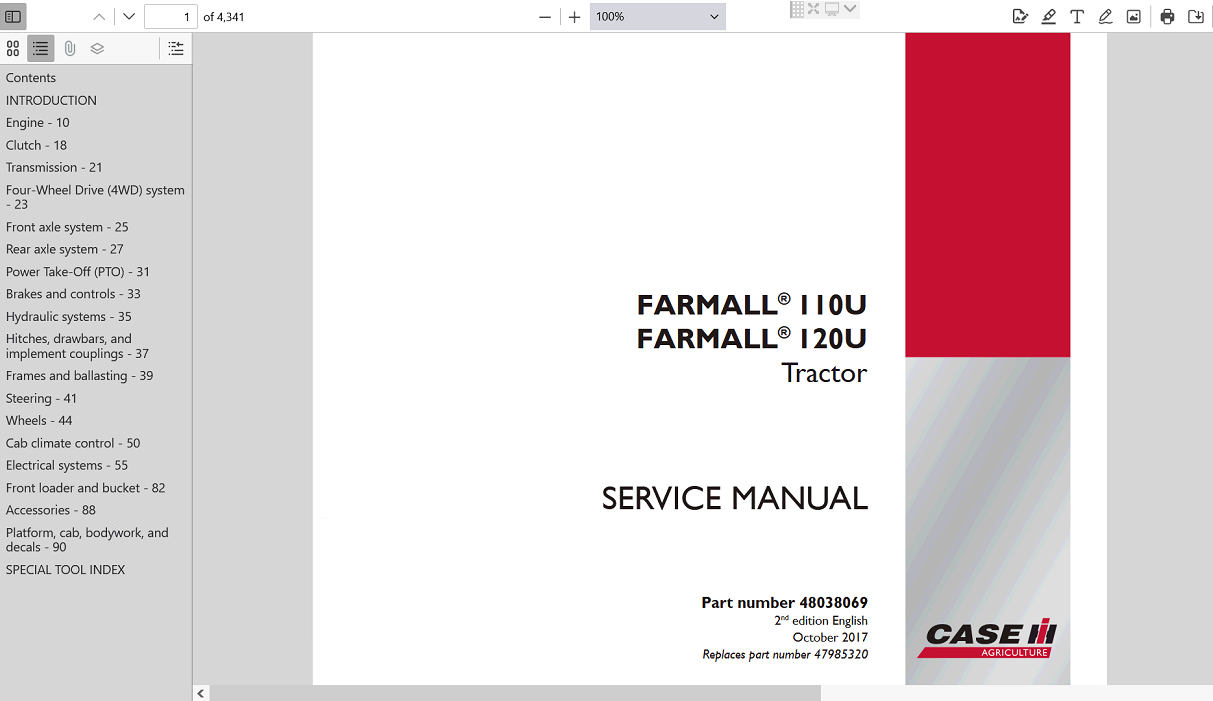 Service repair manual cover for Case IH Farmall 110U Tractor, featuring the tractor model and technical details