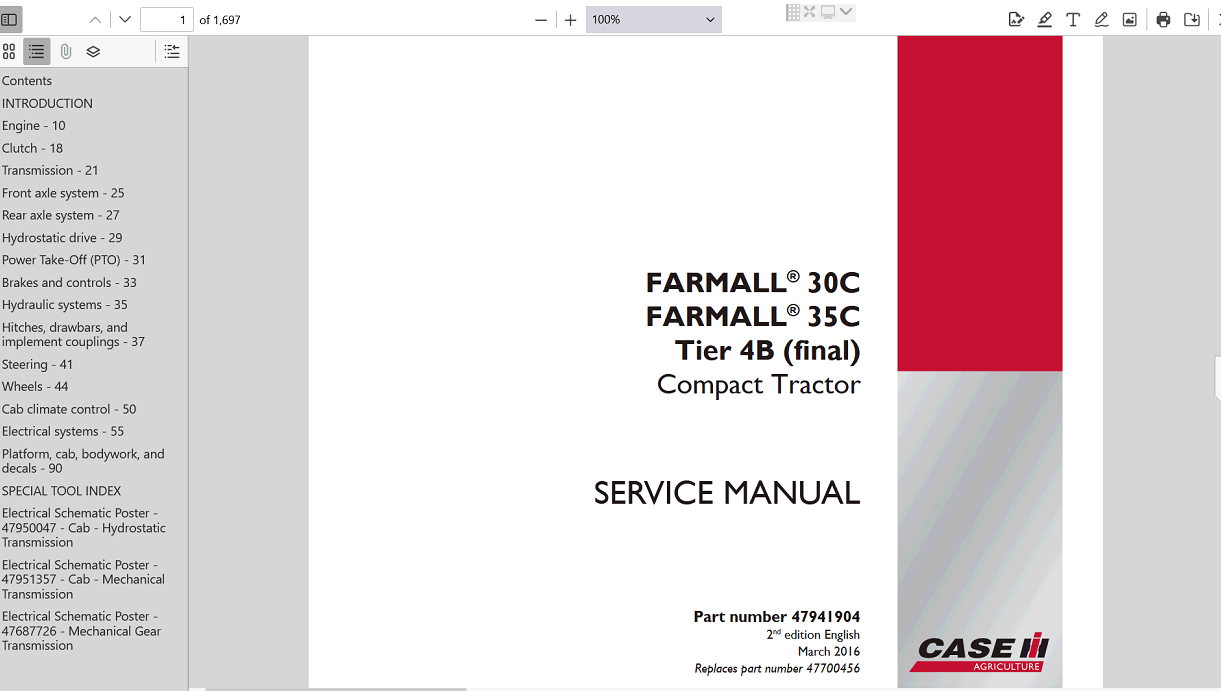 Case IH Farmall 35C Compact Tractor service manual cover, highlighting repair techniques and important maintenance information