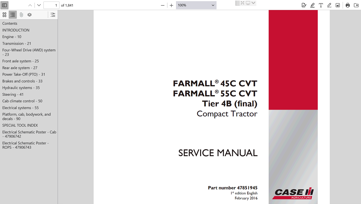the service repair manual for Case IH Farmall 45C Compact Tractor, detailing maintenance and troubleshooting procedures