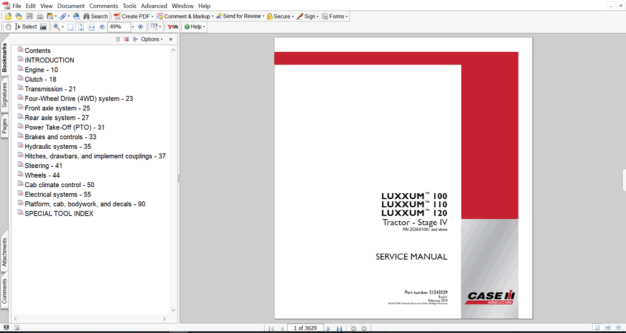 Service manual for Case IH Luxxum 120 tractor, displaying repair procedures and technical drawings for effective maintenance