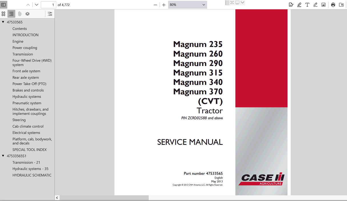 Service repair manual cover for Case IH Magnum 260 tractor, featuring technical illustrations and detailed instructions
