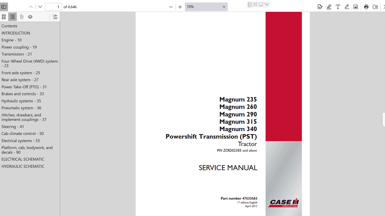 Case IH Magnum 315 Tractor service repair manual, showcasing the cover design and key technical details