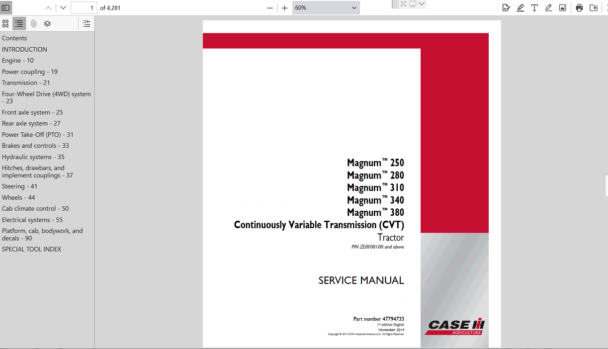 Service manual for Case IH Magnum 340 CVT Tractor, providing essential repair information and maintenance tips