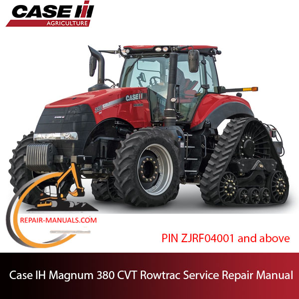 Service repair manual cover for Case IH Magnum 380 CVT Rowtrac Tractor, featuring technical diagrams and maintenance guidelines