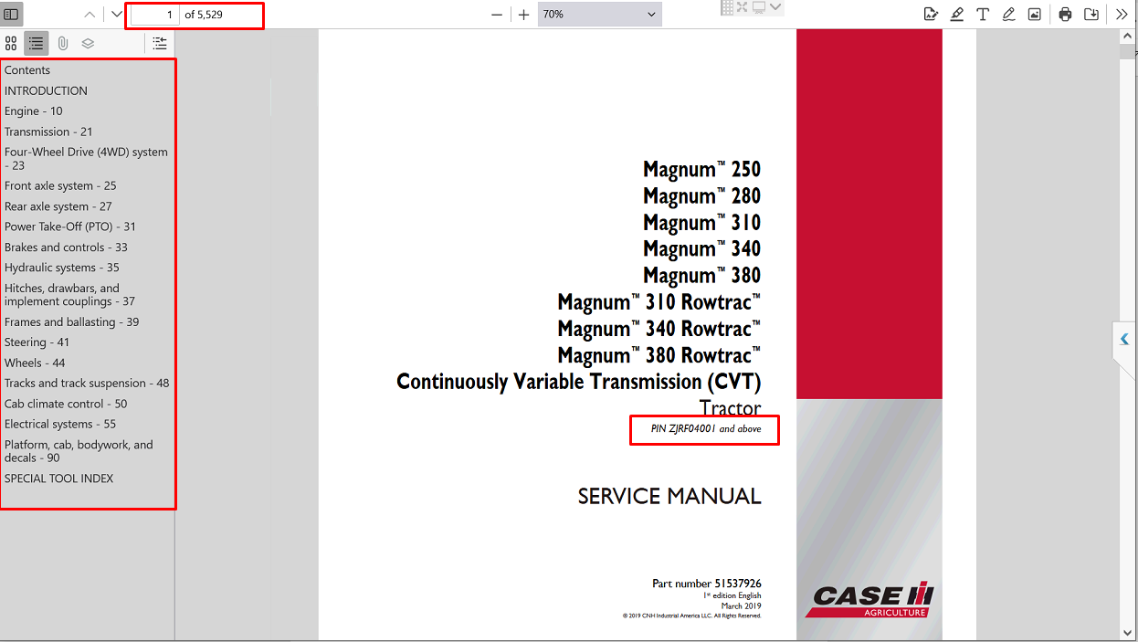 Service manual for Case IH Magnum 380 CVT Rowtrac Tractor, providing essential repair information and maintenance tips