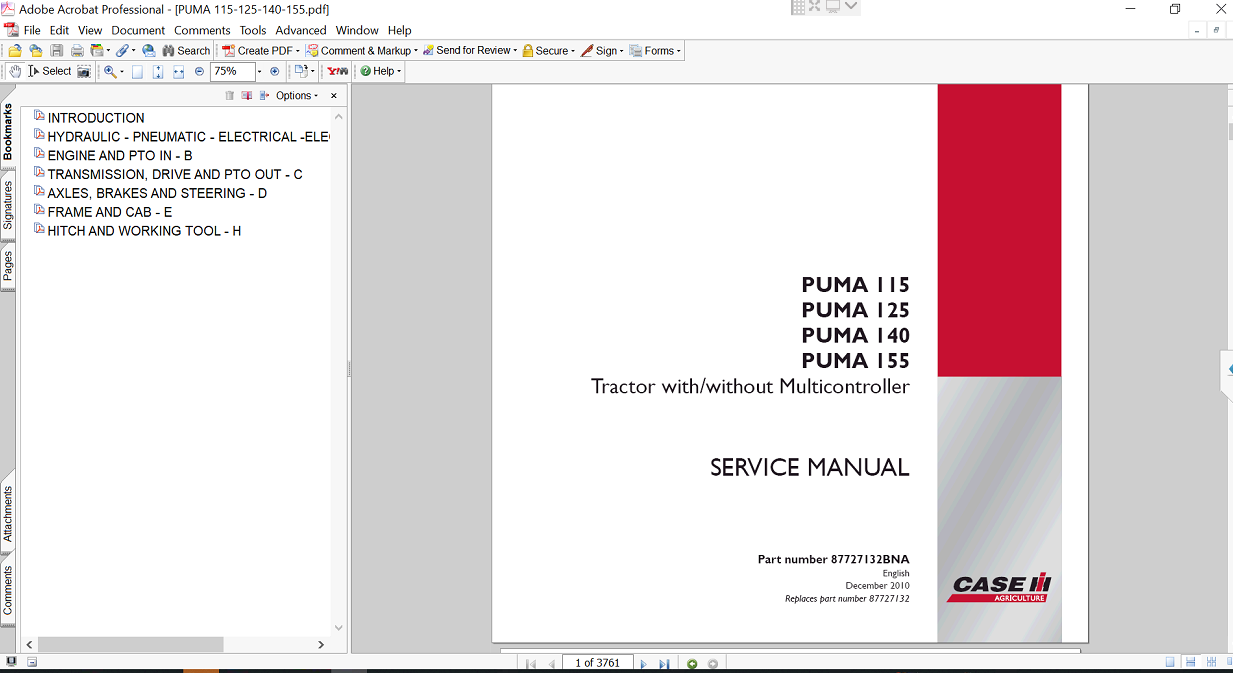 Service manual for Case IH Puma 140 tractor, highlighting repair techniques and essential maintenance information