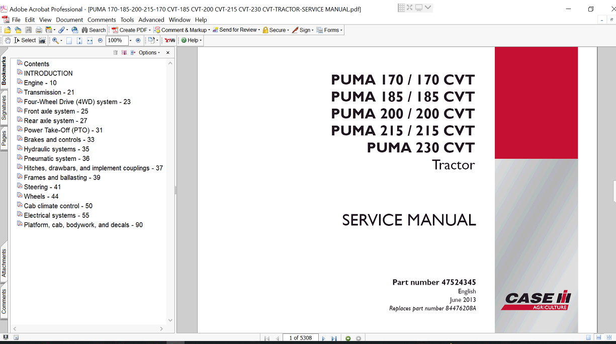Case IH Puma 185 tractor service repair manual, showcasing detailed instructions and diagrams for repairs and maintenance
