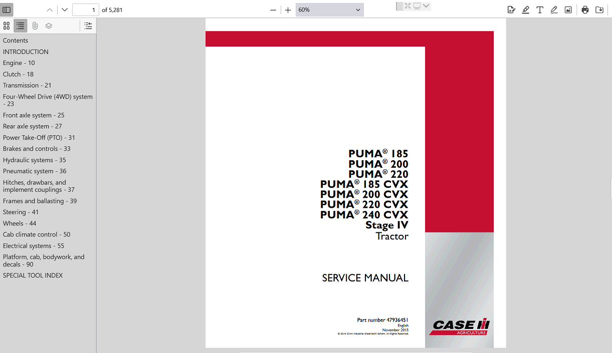 Service manual for Case Puma 185 Tractor, displaying repair instructions and technical illustrations for effective maintenance