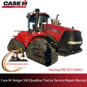 Service repair manual cover for Case IH Steiger 500 Quadtrac tractor, featuring technical diagrams and maintenance guidelines
