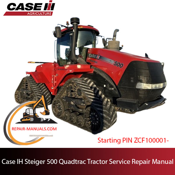 Service repair manual cover for Case IH Steiger 500 Quadtrac tractor, featuring technical diagrams and maintenance guidelines