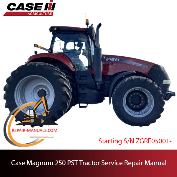 Service repair manual cover for Case Magnum 250 PST tractor, featuring technical diagrams and maintenance instructions