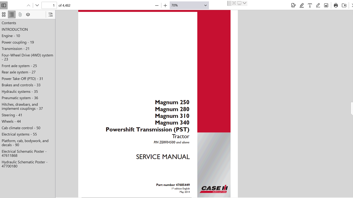Service repair manual for Case Magnum 250 tractor, highlighting troubleshooting tips and maintenance procedures