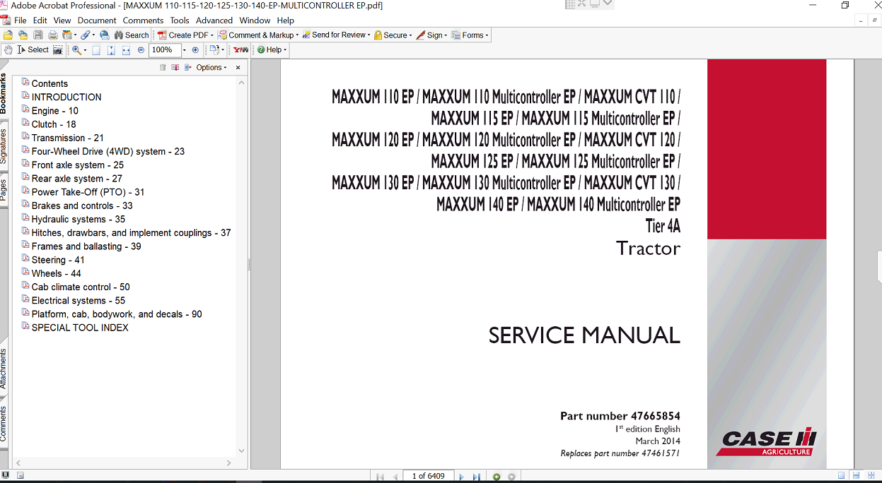 Service manual for Case IH Maxxum 110 CVT tractor, including repair instructions and maintenance schedules for optimal performance