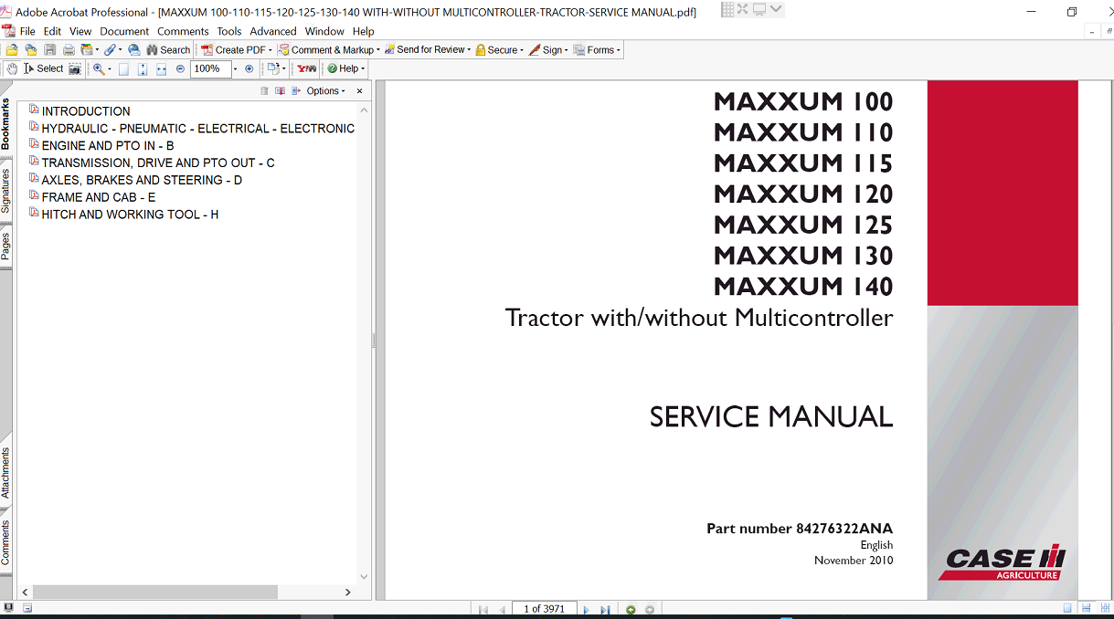 Service repair manual cover for Case Maxxum 110 tractor, featuring technical diagrams and maintenance instructions