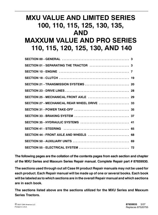 Service manual for Case MXU 100 tractor, displaying repair instructions and diagrams for optimal tractor maintenance