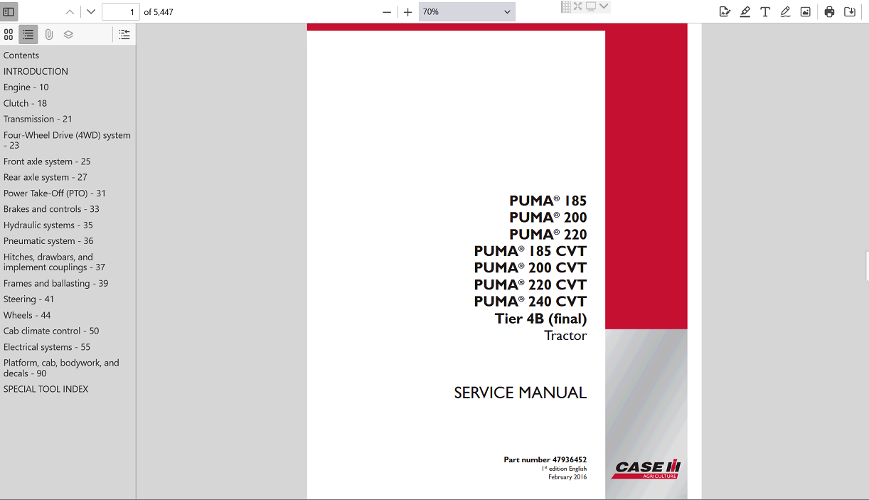 Service repair manual for Case IH Puma 185 tractor, detailing maintenance and repair procedures