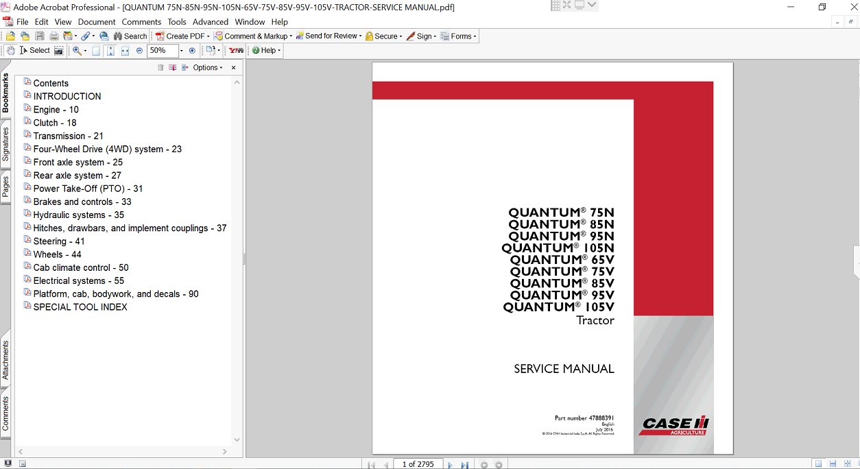 Service repair manual cover for Case Quantum 105V tractor, featuring technical diagrams and maintenance instructions