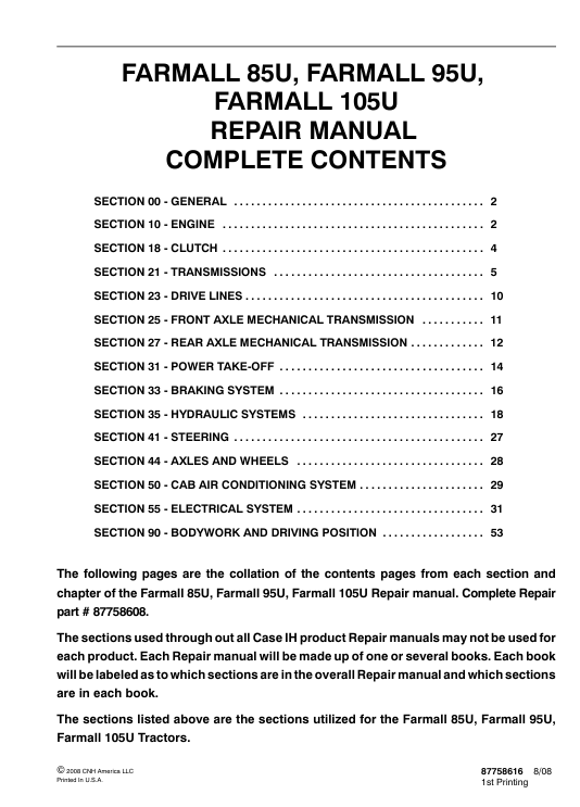 Service manual for Case IH Farmall 105U Tractor, highlighting the title and essential repair guidelines