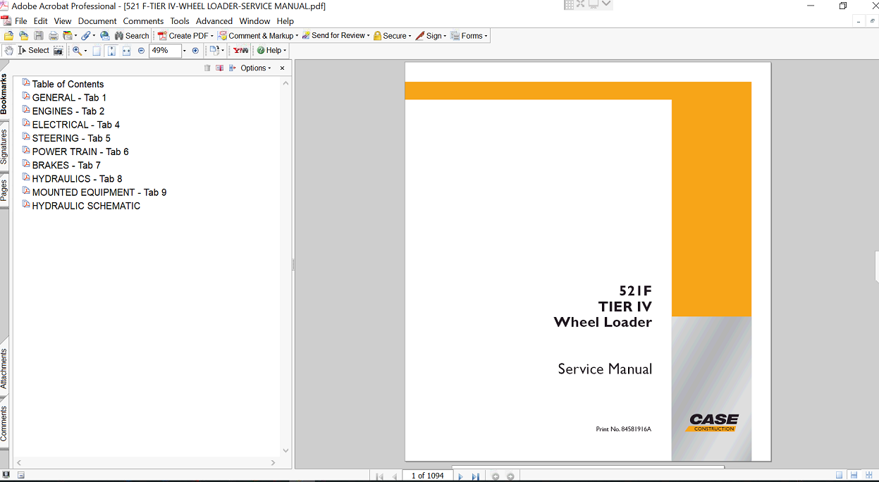 Service repair manual for Case 521F Wheel Loader, displaying key repair procedures and maintenance instructions