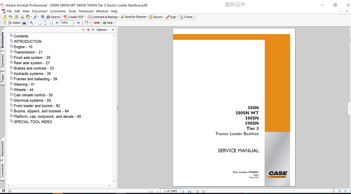 Service repair manual for case 590sn Backhoe Loader, displaying key repair procedures and maintenance instructions