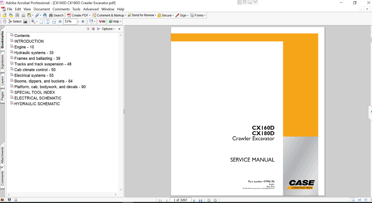 Service repair manual for case cx180D Excavator, displaying key repair procedures and maintenance instructions