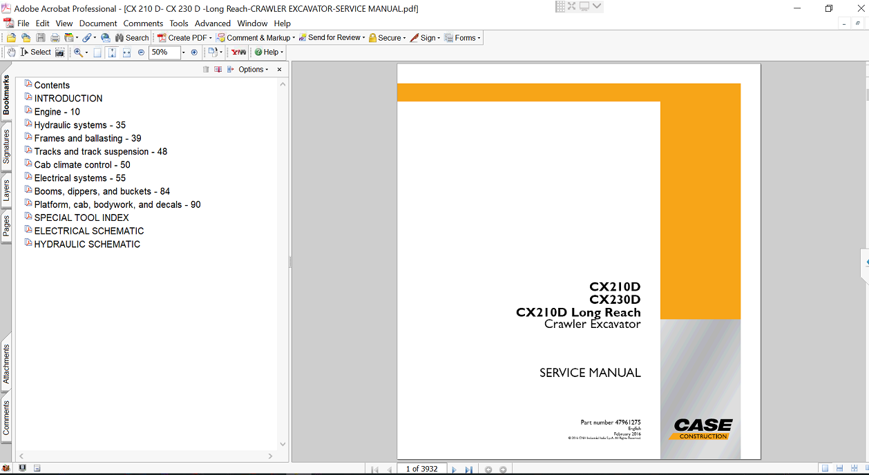 Service repair manual for Case CX210D Excavator, displaying key repair procedures and maintenance instructions