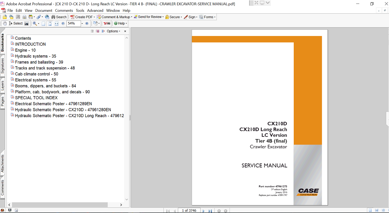 Service repair manual for Case CX210D Excavator, displaying key repair procedures and maintenance instructions