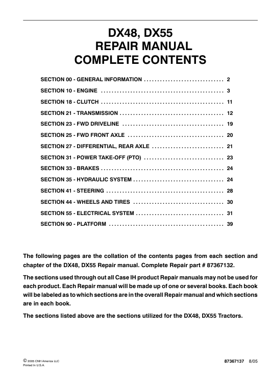 The service repair manual for Case IH DX48 Tractor, featuring technical illustrations and instructions for maintenance and repairs