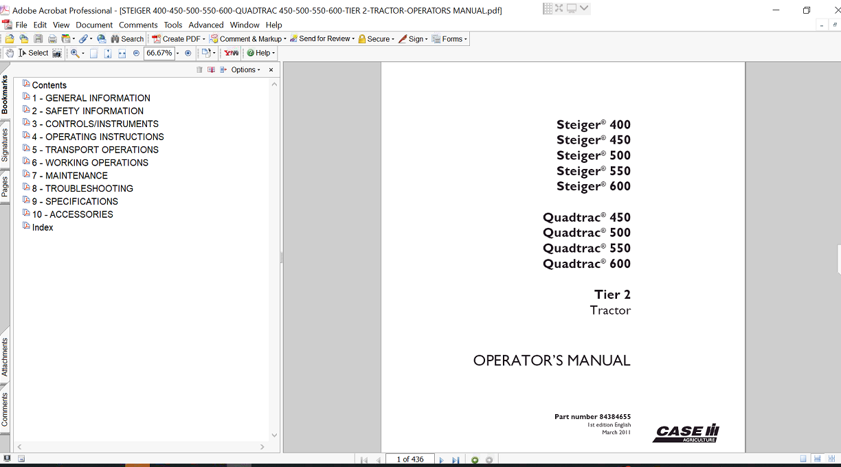 Case IH Quadtrac 500 tractor Operator's Manual, outlining key operational procedures, maintenance schedules, and safety tips