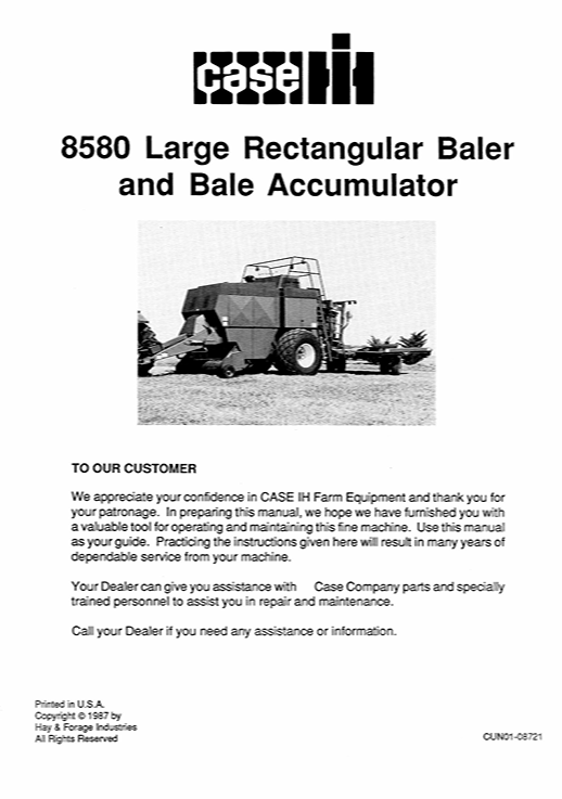 Operator's Manual for the Case IH 8580 Baler, including instructions for use, maintenance, and troubleshooting