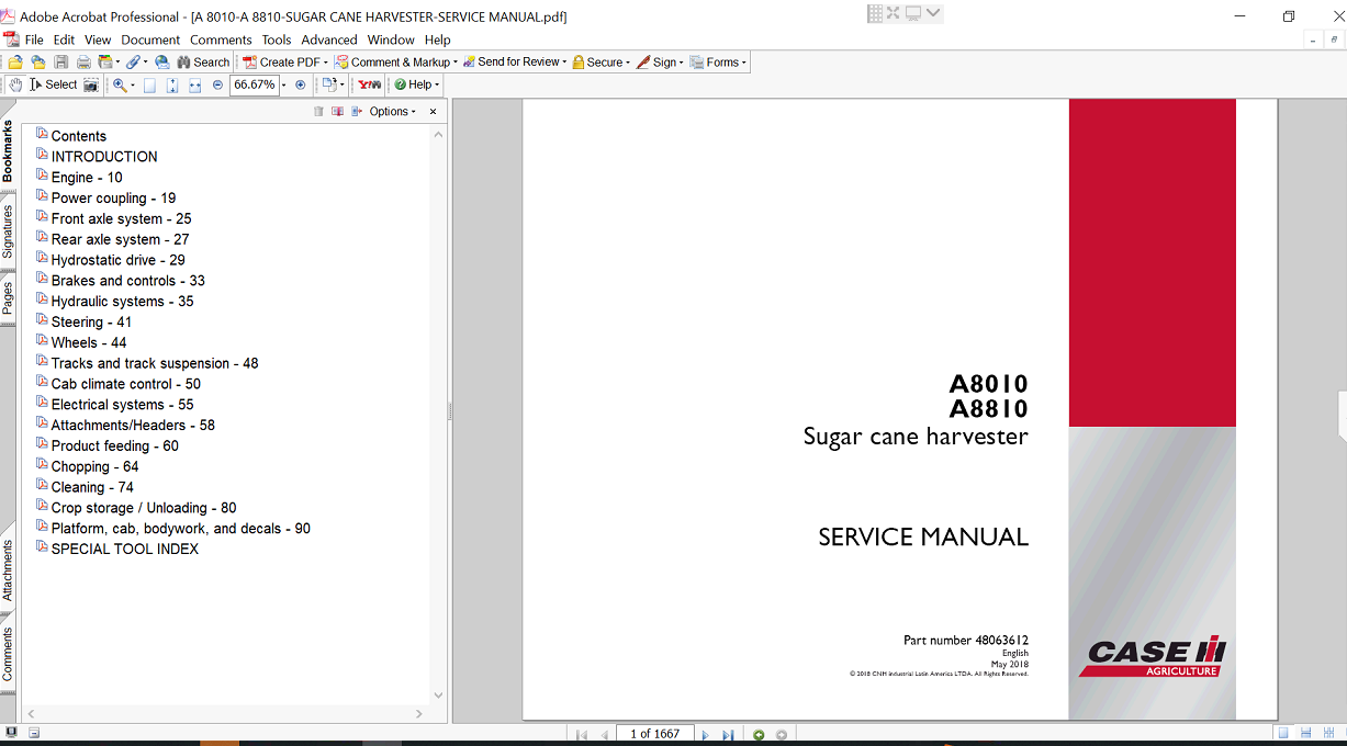 Service manual for Case A8810 Sugar Cane Harvester, displaying repair procedures and technical drawings for maintenance