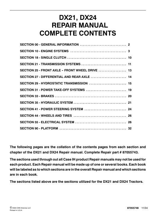 Service repair manual for Case DX24 Tractor, featuring technical illustrations and detailed maintenance instructions