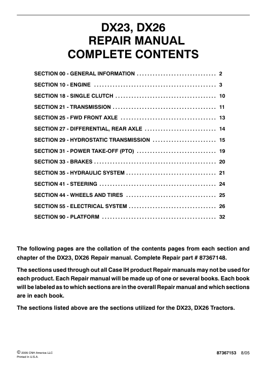 Service repair manual for Case IH DX26 Tractor, featuring technical illustrations and detailed maintenance instructions