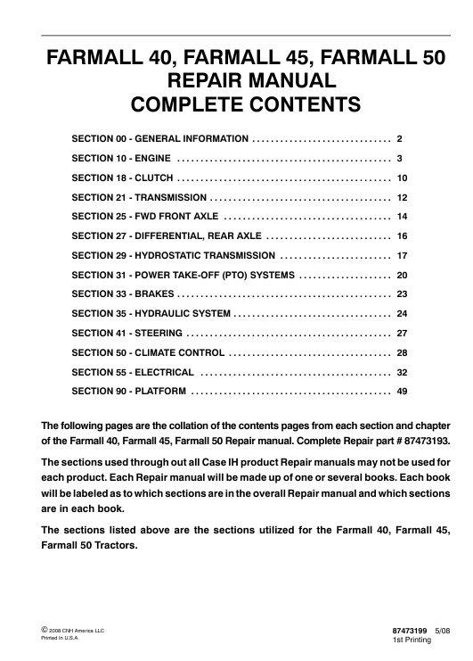 Service manual for Case IH Farmall 50 tractor, displaying technical details and repair guidelines