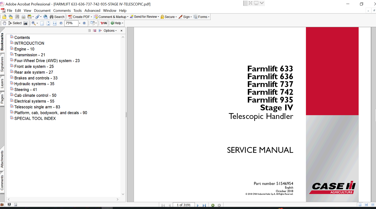 Service manual for Case Farmlift 935, displaying the title and relevant images for repair guidance and maintenance