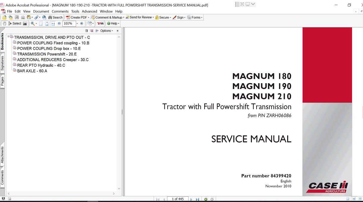the service repair manual for Case Magnum 180 tractor transmission, including maintenance tips and technical illustrations